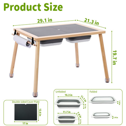 WOOD CITY Sensory Table for Toddlers Kids, Wooden Activity Table for Play Study Paper Roll Holder Indoor/Outdoor Montessori Play Sand and Water Table with Foldable Toys Storage Bins