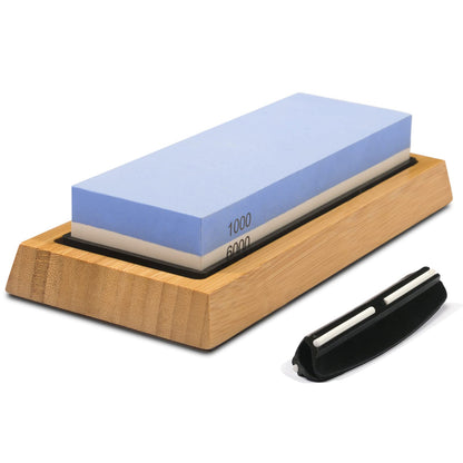 Whetstone Knife Sharpening Stone Kit - Double Sided Whetstone Knife Sharpener 1000/6000 Grit, Professional Honing Sharpening Stone Set With Slip-Resistant Bamboo Base and Angle Guide
