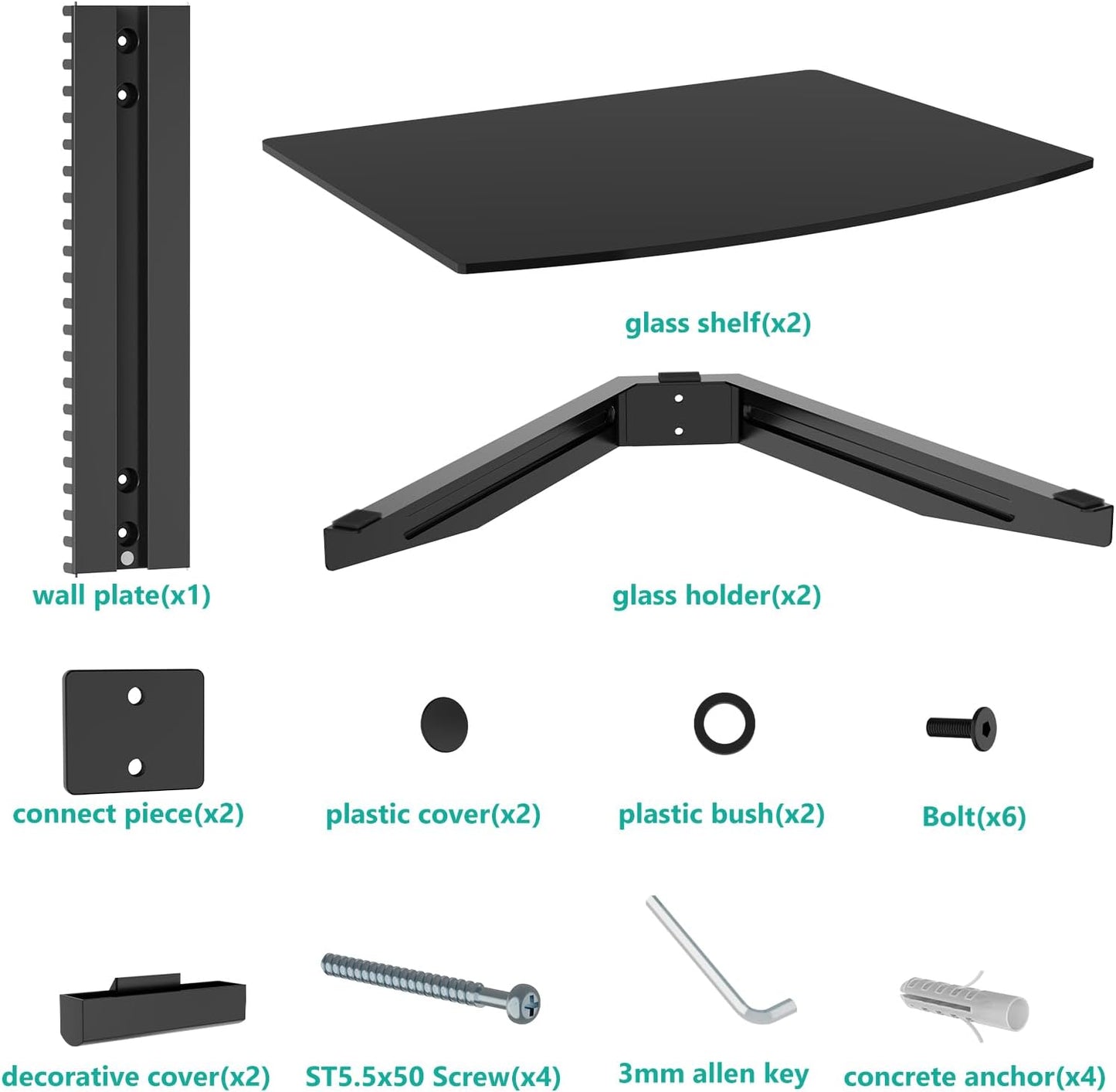 2 17.6lbs (CS202B), 2-Shelf, WALI Floating TV Shelf, Tier Glass Projector Shelf for DVD Players, Routers, Game