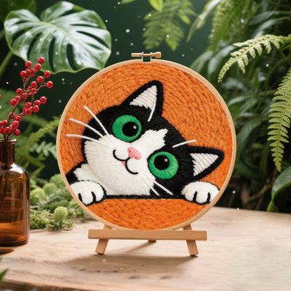 BEUNITONE 2Pcs Cute Cat Punch Needle Kit for Beginners, Starter Embroidery Kits with Frame & Instructions, Needle Felting Kit Poke Art for Adults DIY Handmade Craft for Coasters, Bags, Clothes Decor
