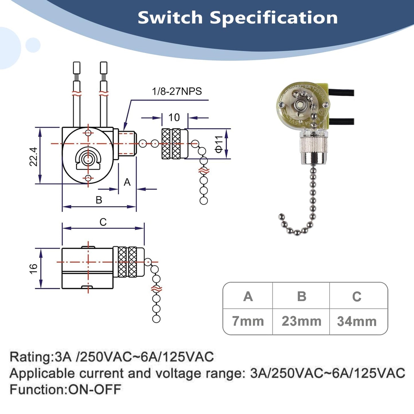 Ceiling Fan Pull Chain Switch for Fan Light, Zing Ear ZE-109 ON-OFF Pull Chain Lamp Switch with Cord for Ceiling Fan Lights, Lamps, Canopy Lights (Nickel 2 PACK)