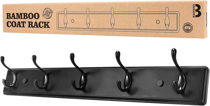 Wooden Coat Rack, Wall-Mounted Organizer for Closet, Entryway, Heavy Duty Double Hooks for Hanging Towels, Black