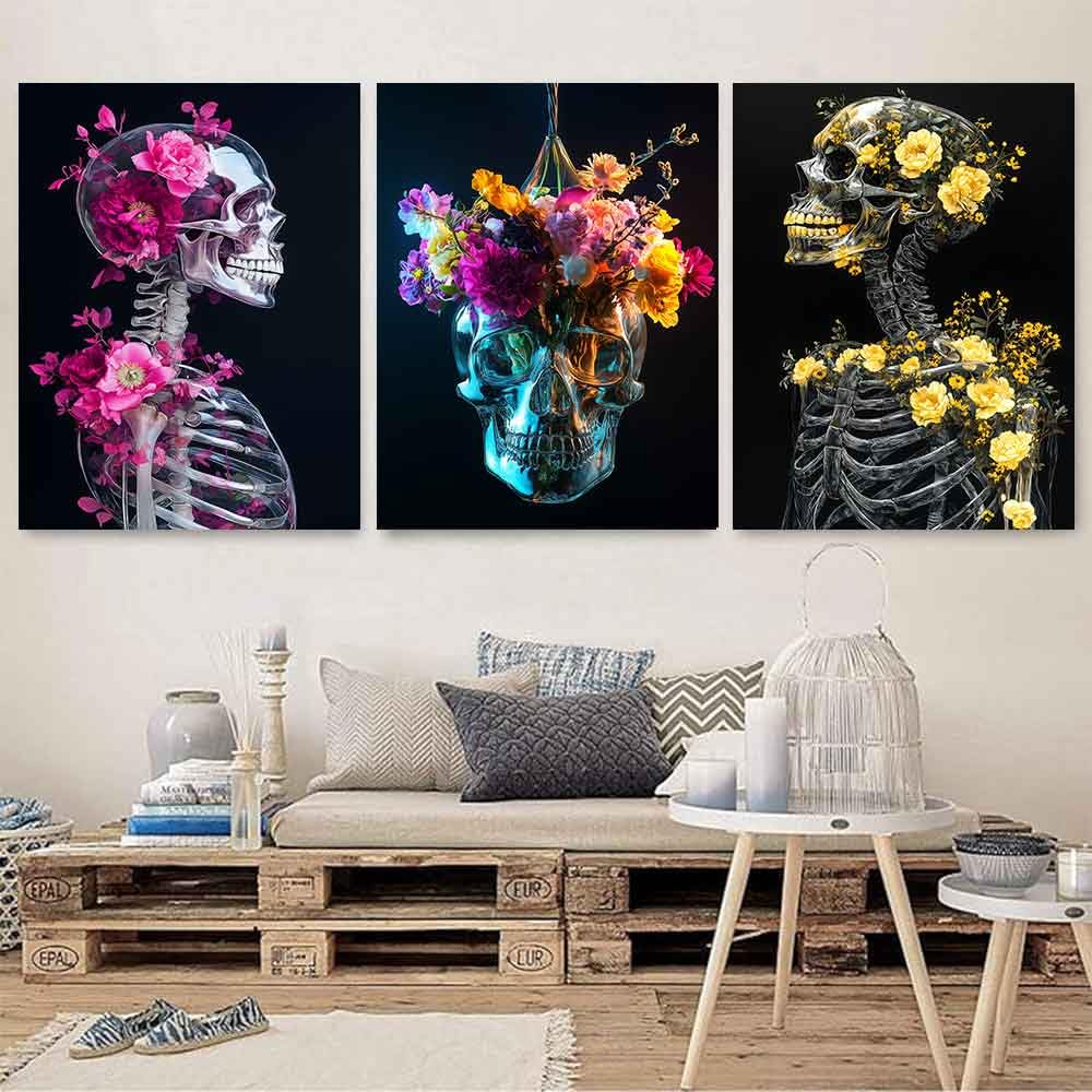 LATETOMT 15x20in 3 Pieces Aesthetic Skull Tapestries Flower Skeleton Wall Art Goth Love Tapestry Black Vertical Wall Tapestry for Valentine's Day Decor Bedroom Living Room Dorm LTMTAYW500