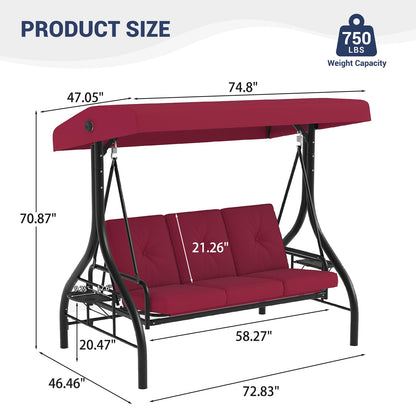 GarveeLife 3-Seat Outdoor Porch Swing with Adjustable Canopy, Convertible Patio Swing Bed with Stand, Thick Cushions & Cup Holders, Weather-Resistant for Backyard, Garden, Porch - Red
