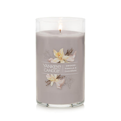 Yankee Candle Signature Medium Pillar Candle, Smoked Vanilla & Cashmere, Light Gray, Metal Lid, Premium Plant Wax Blend, Two Natural Fiber Wicks, Up to 115 Hours Burn Time