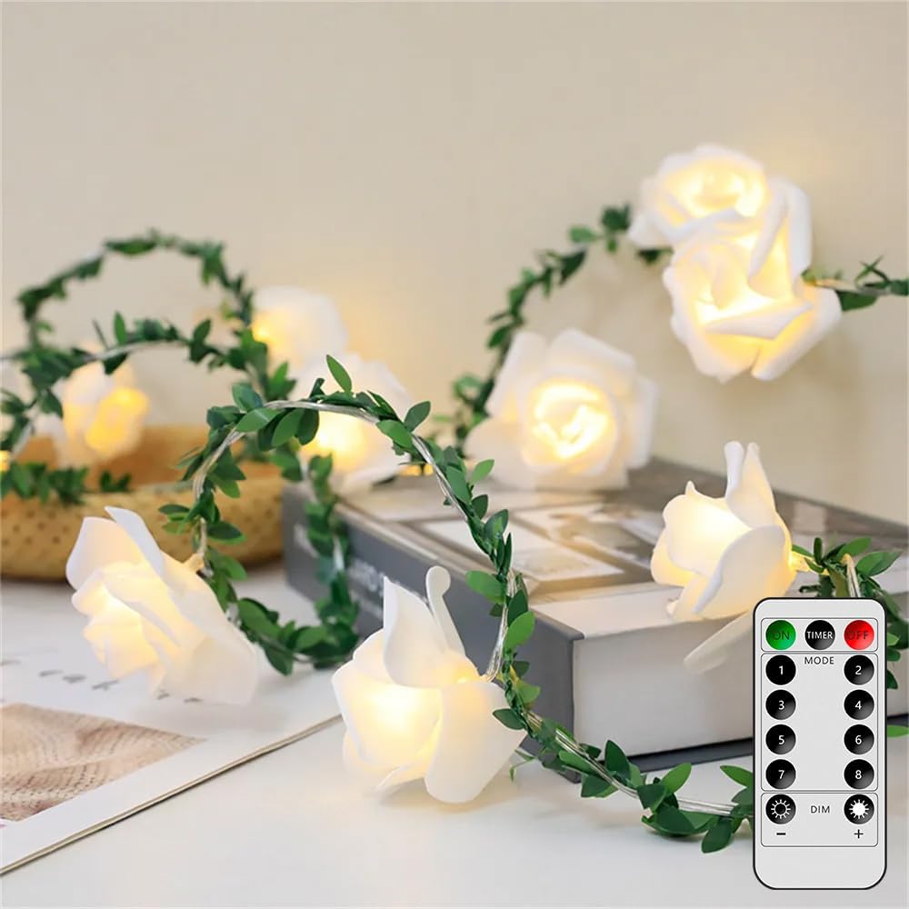 20LED 10Ft VIPMOON Artificial Rose Flower String Lights, Flower Fairy Light Battery Operated with Remote Control, Warm