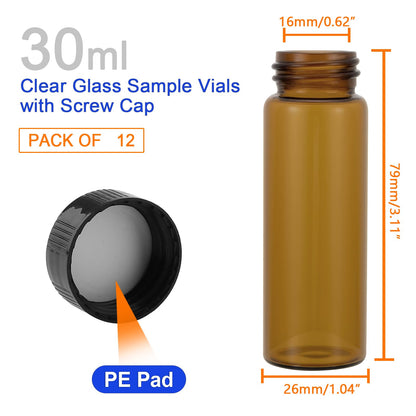 Kesell 12Pcs 30ML Amber Glass Bottle with Black Caps 1 oz Empty Liquid Sample Vial for Lab, Perfume, Essential oils, Refillable Glass Vial with Lids (Comes with red handwritten sticker paper)