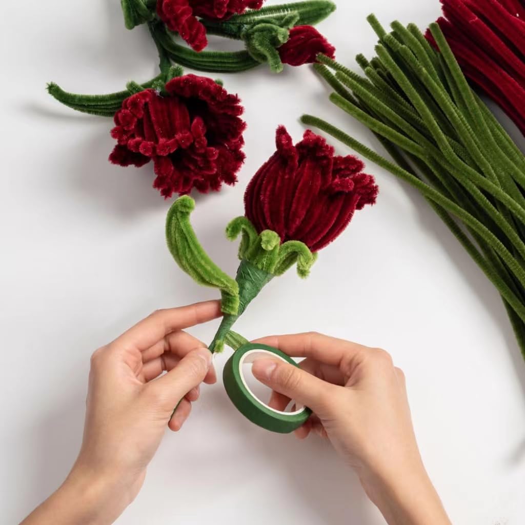 NafuXiaJJia Rose Pipe Cleaner Kit with 150 Pcs Pipe Cleaners Colourful in 2 Colours（Burgundy,Green,8 Pcs Green Floral Wire,Floral Tape,Flower Wrapping Paper and Ribbon