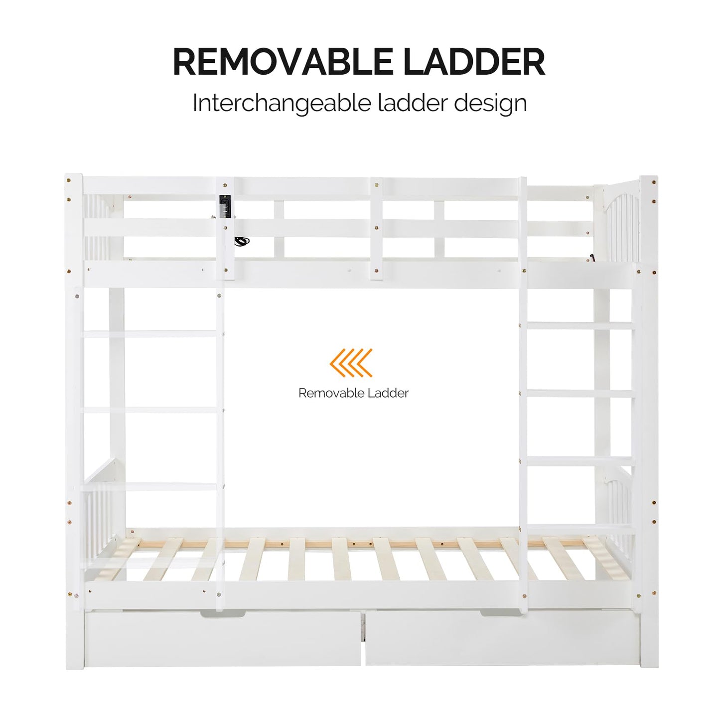 VINGLI Bunk Bed Twin Over Twin with 2 Storage Drawers/RGB LED/Charging Station, Solid Wood Bunk Bed Frame with 15 inches High Safety Guardrail and Ladders for Kids, White
