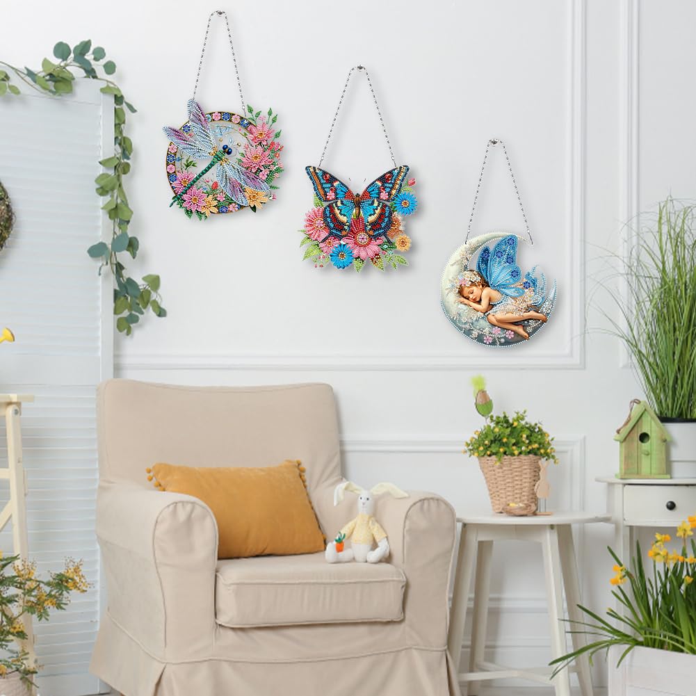 C'eitura 3Pcs 5D DIY Acrylic Fairy Dragonfly Butterfly Diamond Art Painting Hanging Pendants,Double-Sided Rhinestone Crystal Craft for Garden, Window, and Home Decor