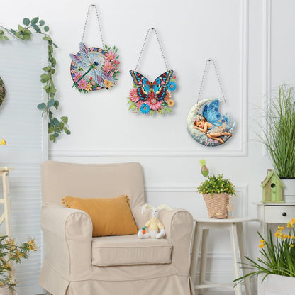 C'eitura 3Pcs 5D DIY Acrylic Fairy Dragonfly Butterfly Diamond Art Painting Hanging Pendants,Double-Sided Rhinestone Crystal Craft for Garden, Window, and Home Decor