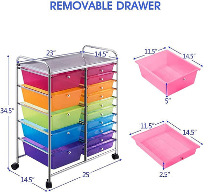 MEDIMALL 15 Drawers Rolling Storage Cart, Multipurpose Craft Storage Cart with Wheels, Mobile Tools Scrapbook Paper Organizer Cart for School Home Office Use (Rainbow)