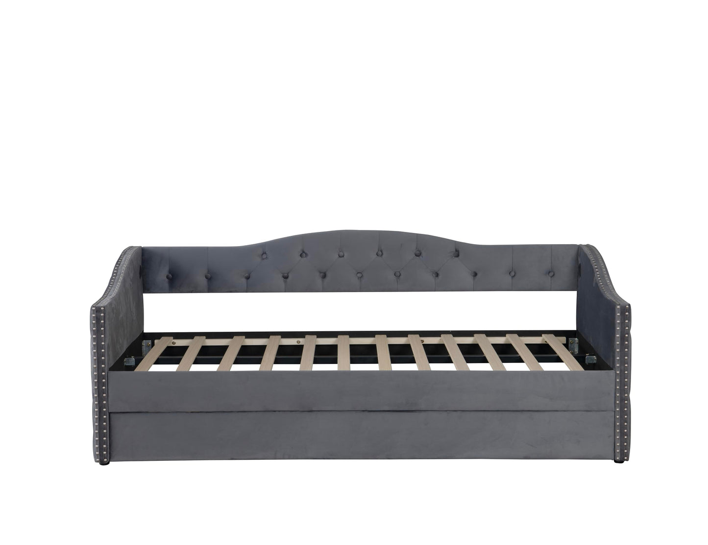 GDFStudio Twin Size Bed Frame with Trundle, Upholstered Twin Daybed with USB Charging Station, Diamond Tufted Velvet Sofa Bed, Wood Platform Twin Bed Frame with Solid Slat, No Box Spring Needed, Gray