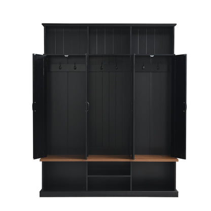 Merax 62.2''W Entryway Hall Tree with Bench, 3 Top Cubbies & Bottom Storage Space, Farmhouse Coat Rack with Hooks & Cabinets for Entryway, Hallway, Mudroom, Living Room
