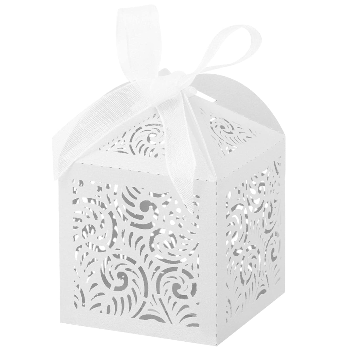 COTOPHER 100Pcs Laser Cut Favor Boxes, 2x2x2.75in Small Gift Boxes for Presents, Party Wedding Favors Boxes with Ribbon, Mini Candy Boxes for Event Bridal Shower Anniversary Birthday Christmas, White