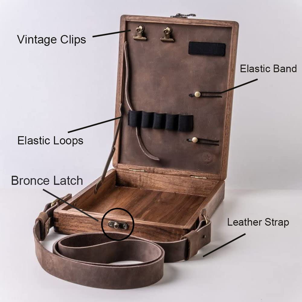 Writers Messenger Wood Box, Multifunctional Wooden Handmade Crossbody Postman Bag Portable Artist Tool Bag Painting Brush Tool Storage Sketch Box Easel for Outdoor Painting (Brown)…