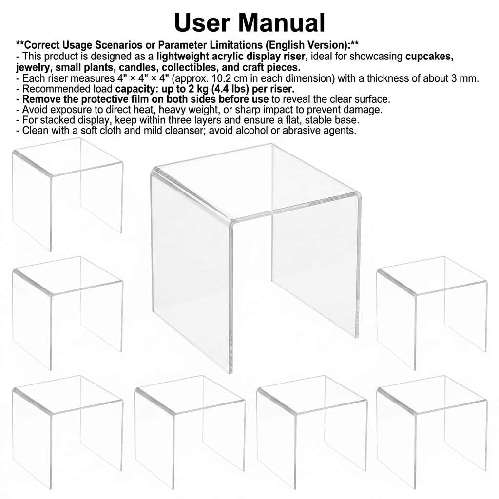 QWORK Clear Acrylic 4"x4"x4" Display Risers – 8 Pack Lightweight Stands for Cupcakes, Jewelry & Crafts