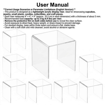 QWORK Clear Acrylic 4"x4"x4" Display Risers – 8 Pack Lightweight Stands for Cupcakes, Jewelry & Crafts