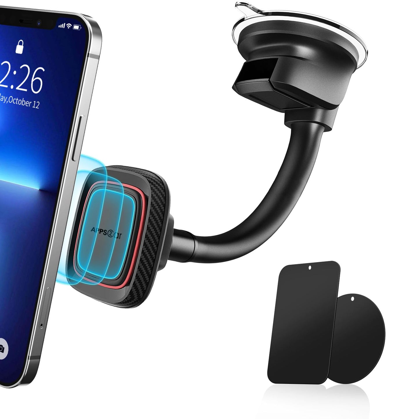 APPS2Car Magnetic Car Phone Holder Mount [6 Strong Magnets], Cell Phone Holder Car [Suction Cup], Phone Car Holder Mount [Windshield Dashboard] fit for Most Smartphones & Mini Tablets