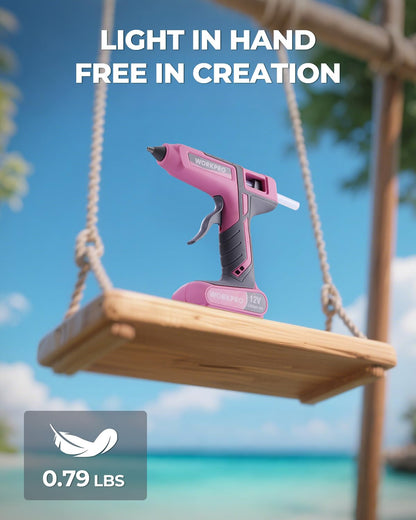 WORKPRO Full Size Cordless Hot Melt Glue Gun - 12V Rechargeable Fast Preheating Glue Gun Kit with 15pcs Full Size Glue Sticks, Auto Power-off Glue Gun for DIY Project, Art, Craft - Pink Ribbon