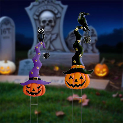 2 Pack Halloween/Thanksgiving Garden Decorations, Metal Jack-O-Lantern Stakes with Witch Hats, Scary Yard Sign Outdoor Lawn Decor, Metal Pumpkin Outdoor Halloween Yard Signs