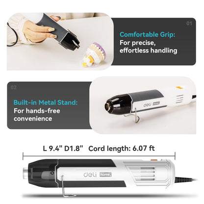 DELI Mini Heat Gun, 350W Dual Temp 500℉/842℉ (260℃/450℃) with Reflector & Extra Nozzles, 6 FT Cable, Overload Protection – for Crafting, Vinyl Wrap, Epoxy, Resin, Shrink Tubing