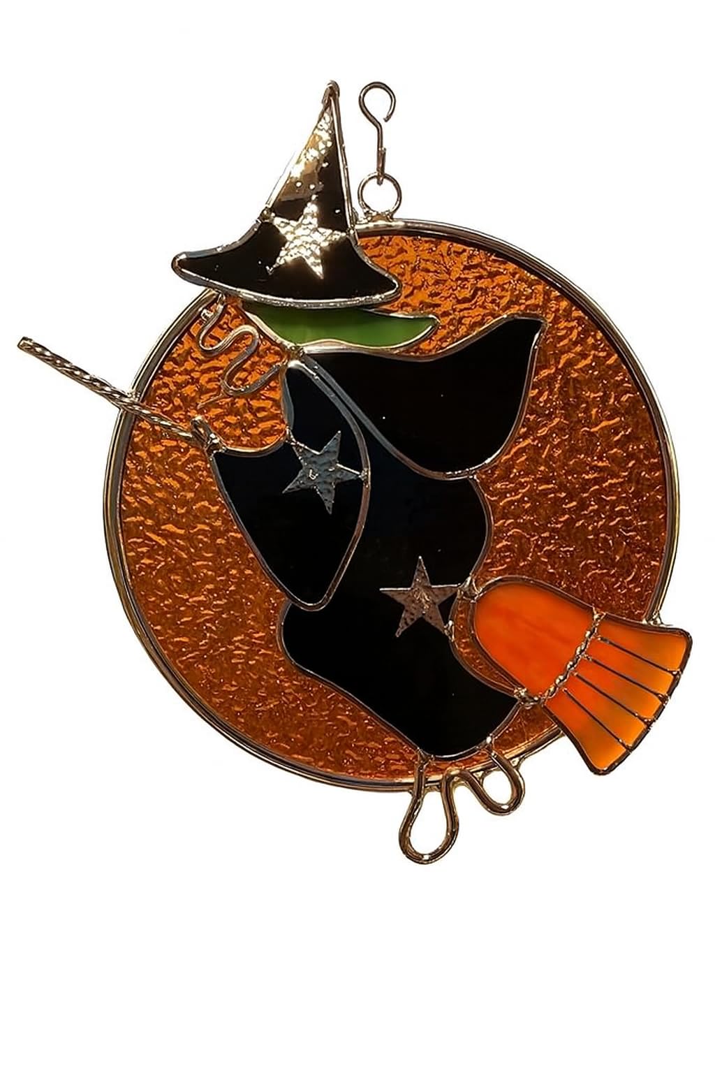 Moon Witch on Broom Suncatcher – Real Stained Glass Halloween Decor – Silver Finish – 7x6 Inches – from Juhlin Glass Studio