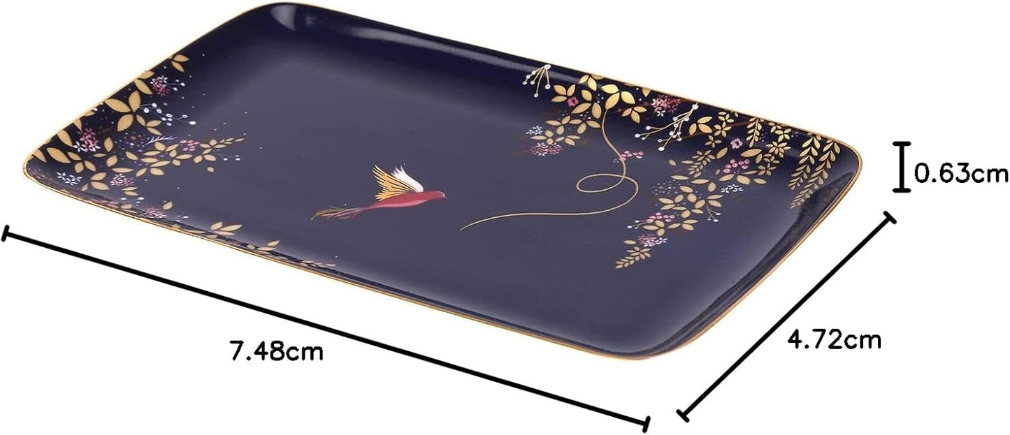 Portmeirion Sara Miller Chelsea Trinket Tray - 7.4 Inch Fine China with Hummingbird Design in Dark Blue