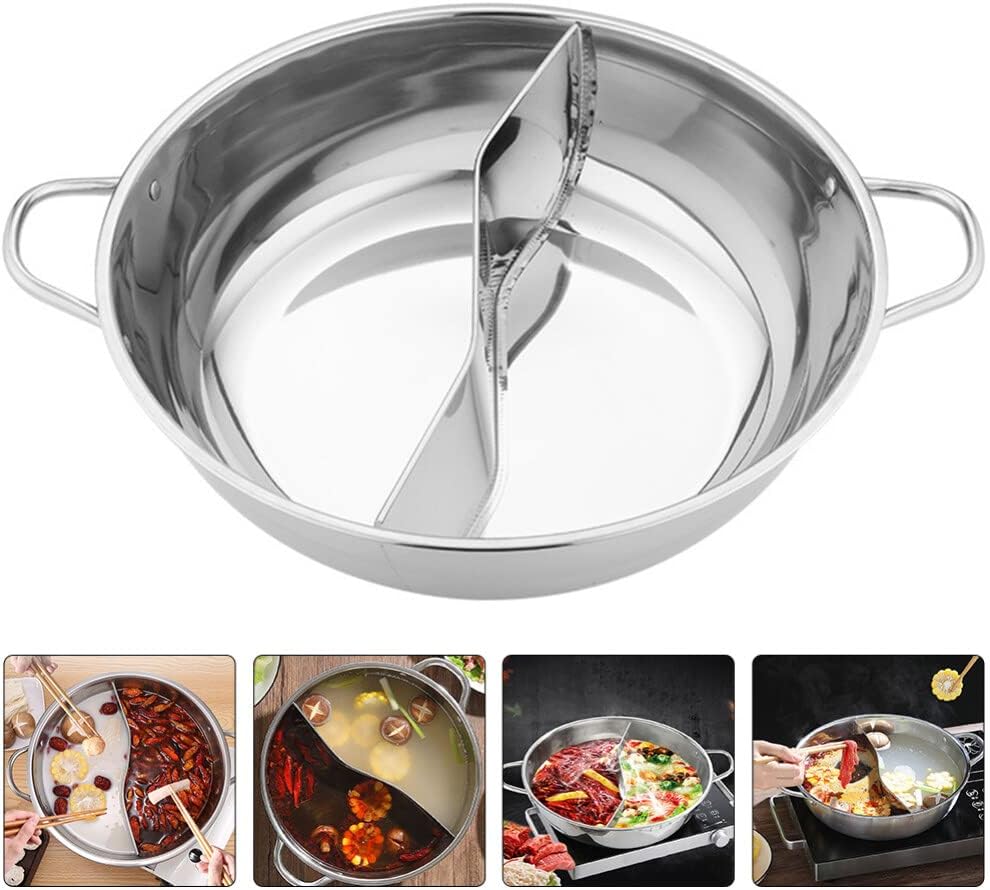 UPKOCH Stainless Steel Pot with Divider, Weldless Hot Pot for Two-flavor Soup, Shabu Shabu Pot, Induction Cookware, 28cm