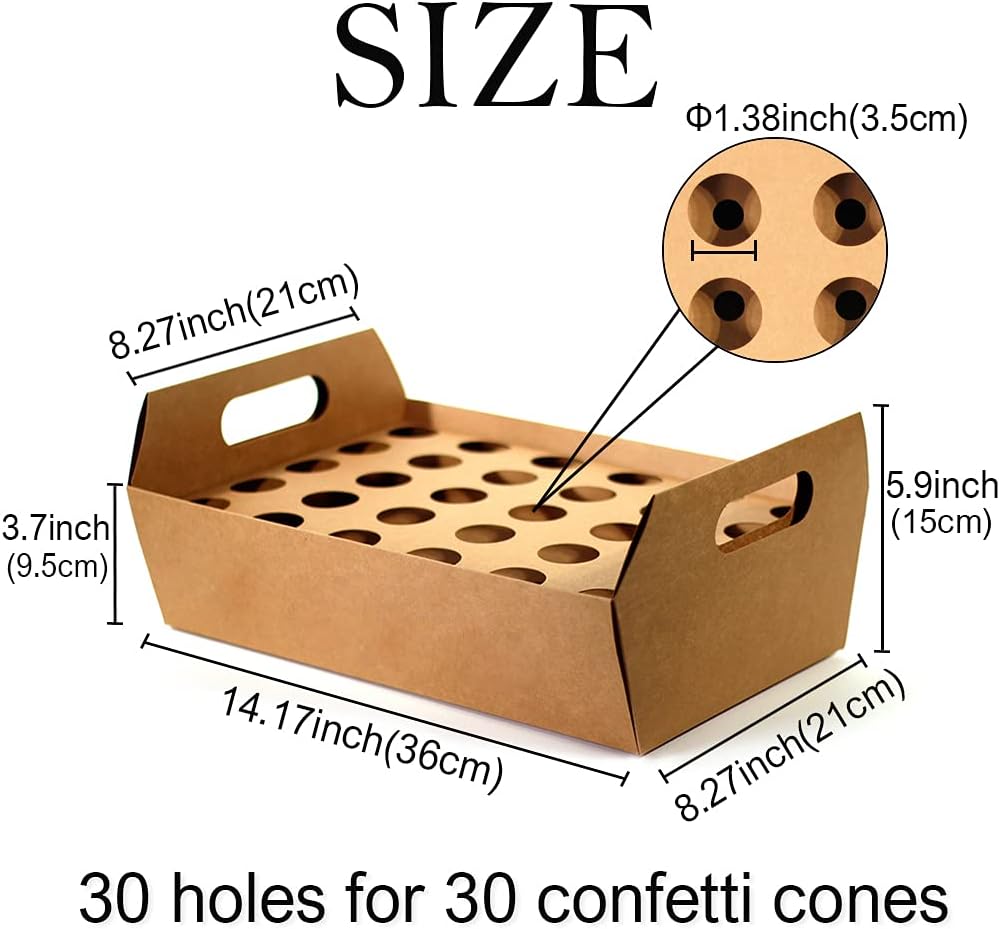 Party Confetti Cone Holder Box for Gift Box Wedding, Stand Tray Box with 30 Holes and 32 Cone Papers (Kraft-F)