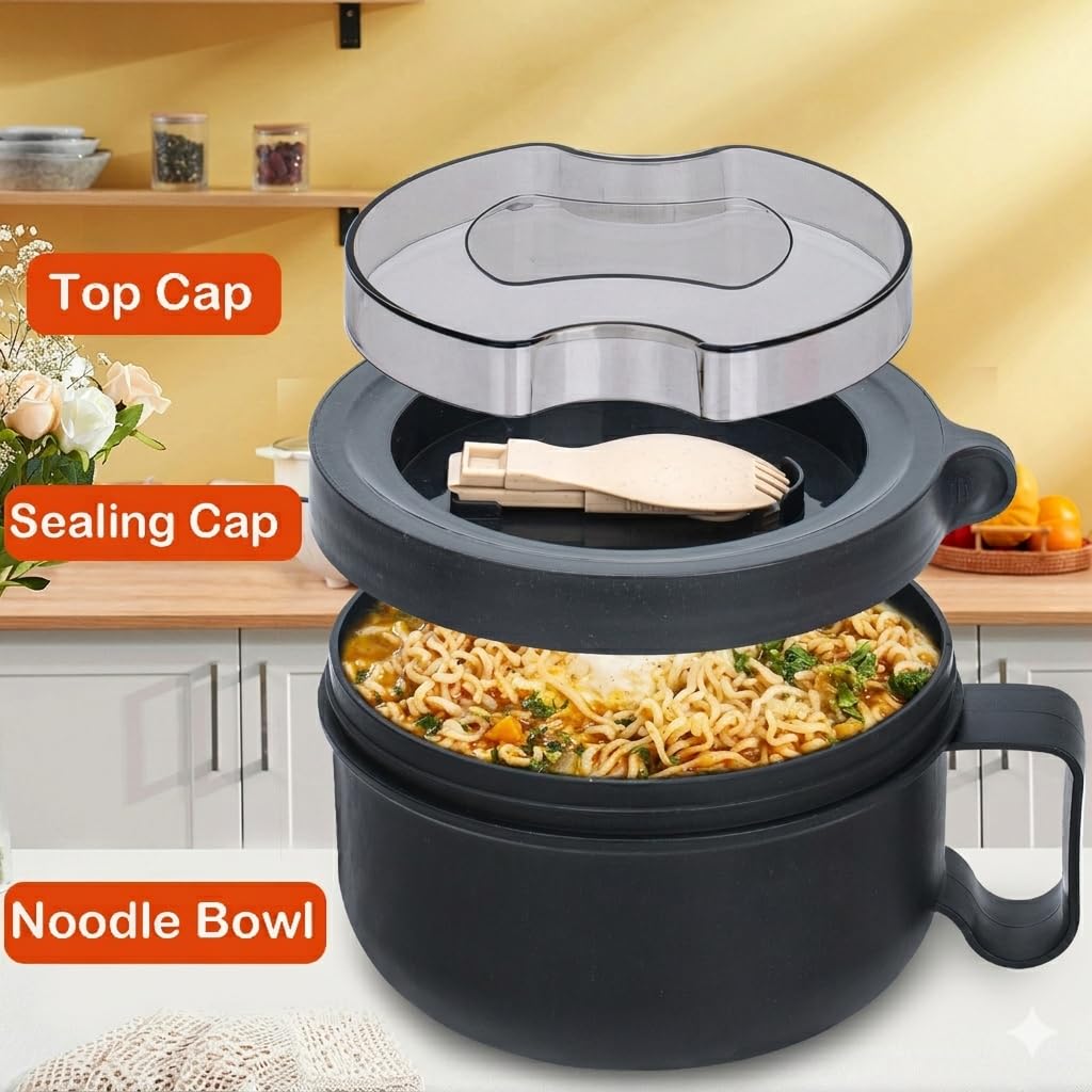 Ronanemon 2 Pack Soup Bowl with Handles, Microwave Ramen Bowl with Lid for Soup and Instant Noodles,Oatmeal, Gumbo, Salad,BPA Free(Black Black)