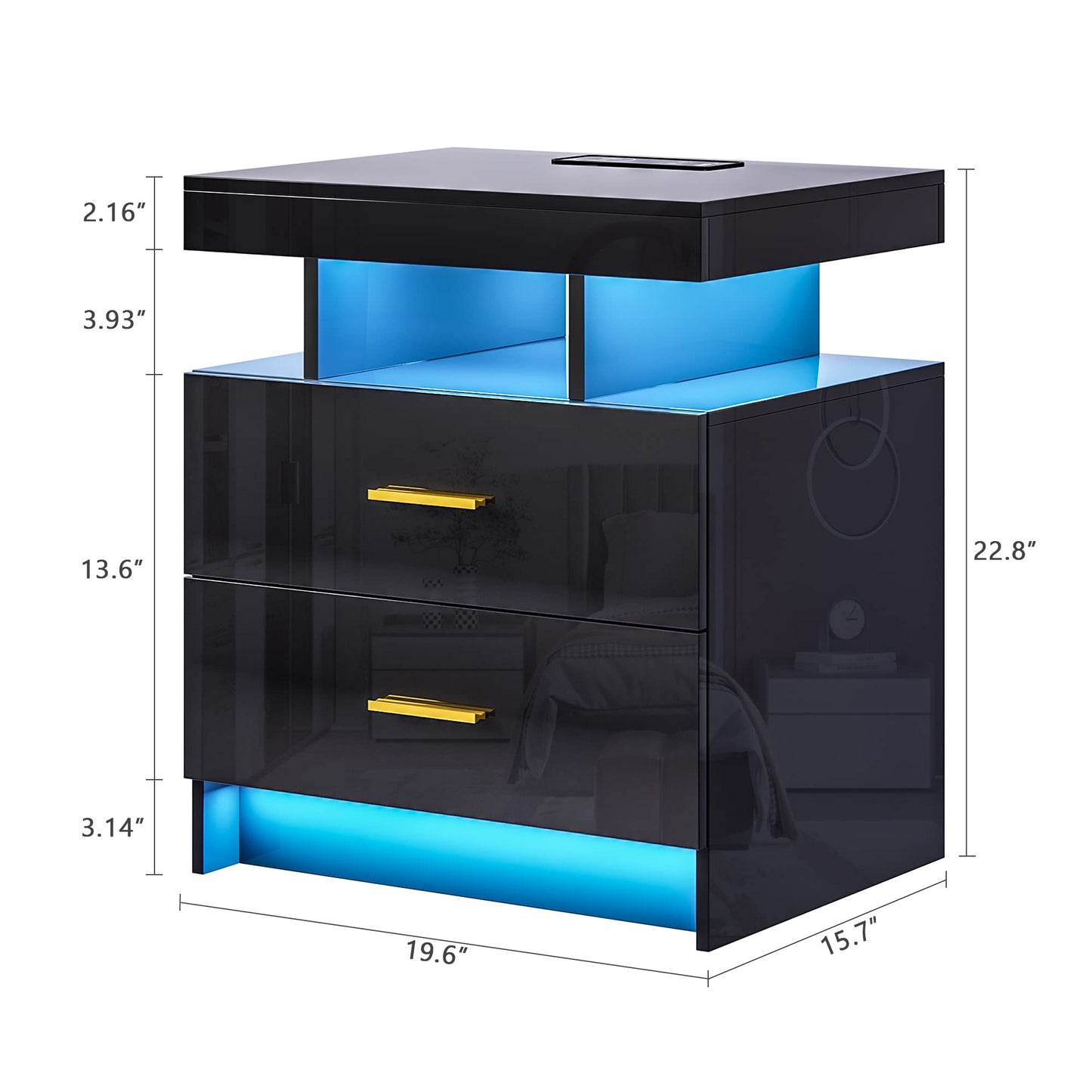 HNEBC Auto LED Nightstand with Wireless Charging Station & USB Ports,High Gloss Bedside Tables with 2 Drawers,Floating Nightstand with 3 Color & Adjustable Brightness Embedded LED Light Strip
