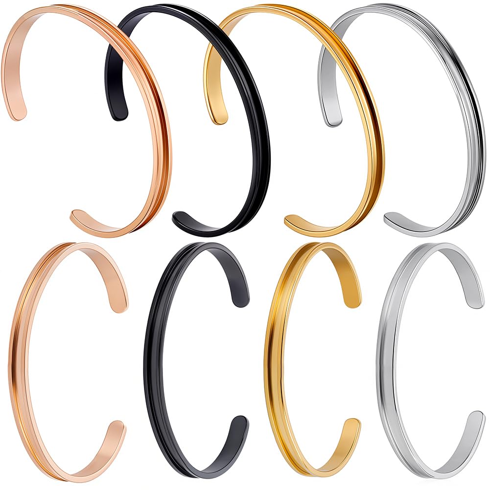 SUNNYCLUE 1 Box 4pcs Stainless Steel Bangle Bracelet Bangle Cuff Blanks Silver Black Rose Gold Groove Open Cuff Gemstones Empty Blank Bracelets for Jewelry Making Women Christmas Inlay Laser Engraving