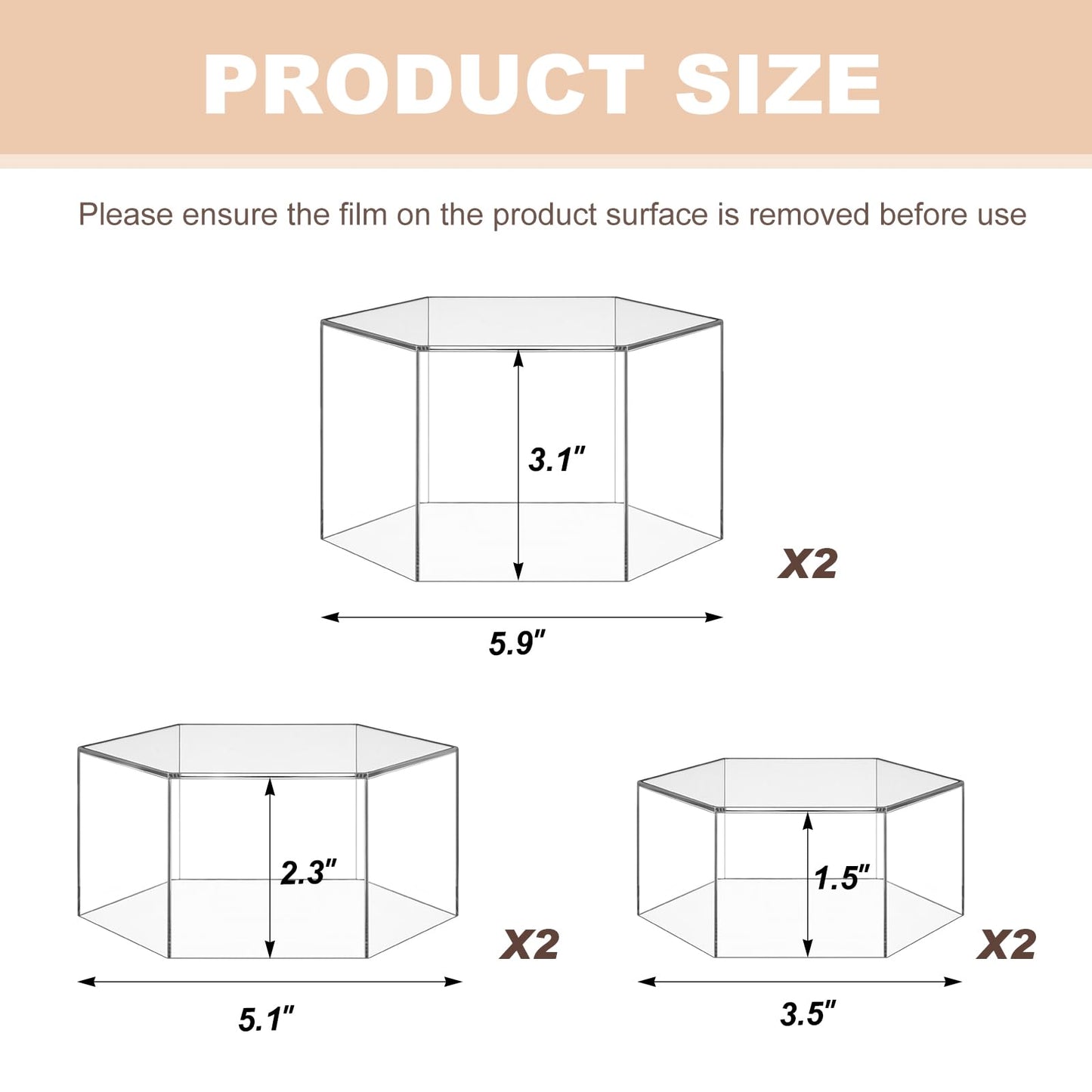 Jerify 6 Pcs Acrylic Risers Display Stands, 5.91'' 5.12'' 3.54'', Clear Hexagon Nesting Pedestal Shelf with Hollow Bottom for Tabletop Jewelry Display, 3 Sized