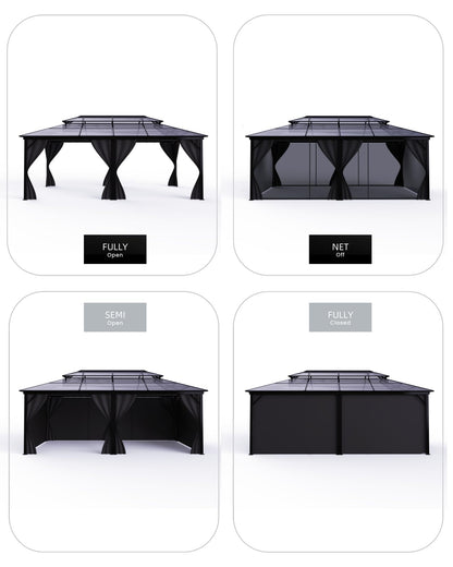 GarveeLife Hardtop Gazebo 12 ft x20 ft for All Weather, Double Polycarbonate Sheets Roof, Aluminum Alloy Frame, Net, and Curtain, Permanent Building for Patio, Deck, Backyard, Lawn, and Garden