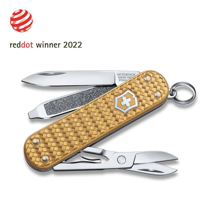 Victorinox Classic SD Precious Alox Swiss Army Knife, Compact 5 Function Swiss Made Pocket Knife with Small Blade, Screwdriver and Key Ring - Brass Gold