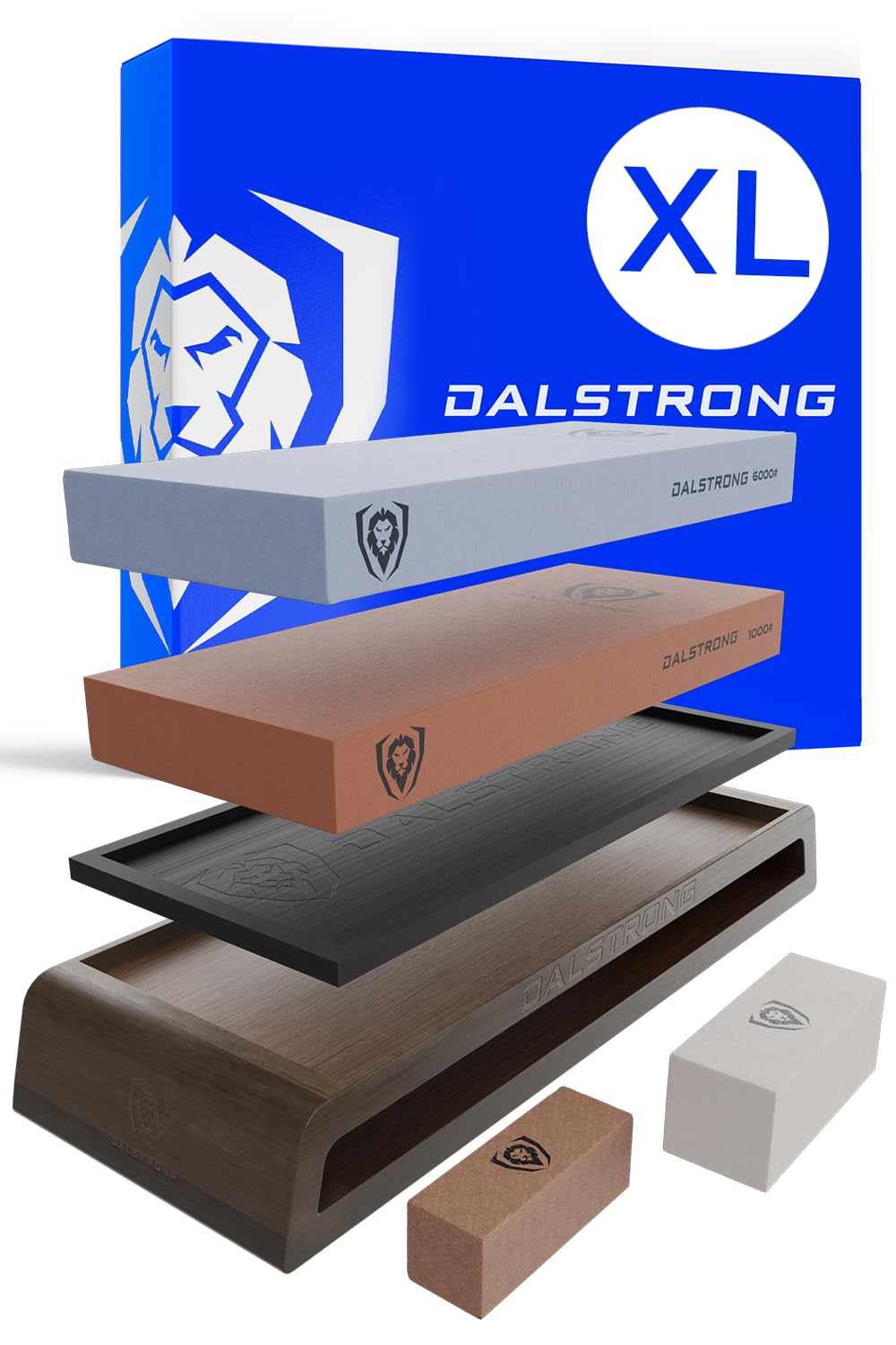 Dalstrong Whetstone Set #1000/#6000 — XL Corundum Sharpening Stones — For Restoring Dull Knives, Maintaining Any Kitchen Blade, Beginner to Pro — Non-Slip Base, Angle Guide, Customer Support