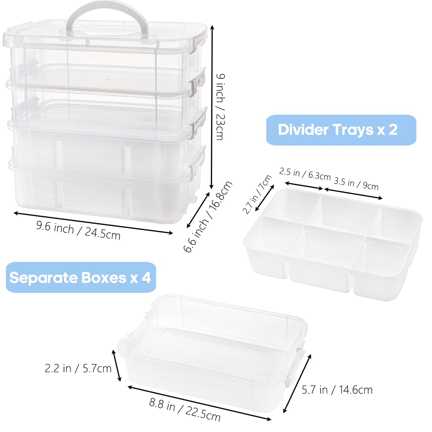 Foraineam 4-Tier Clear Storage Bins With 2 Divided Trays, Stackable Carry Storage Box Container, Plastic Lidded Organizer Case With Handle for Beads, Tools, Arts & Crafts, Sewing, Office Supplies