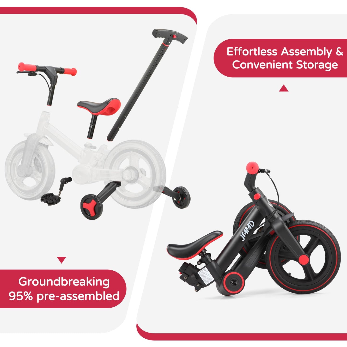 JMMD Toddler Bike with Push Handle for Kids 18-60 Months, 6 in 1 Foldable Push Bike with Training Wheels, Pedals, Brakes, Kickstand, Kid Balance Bike Gift & Toys for Boy & Girl, Black