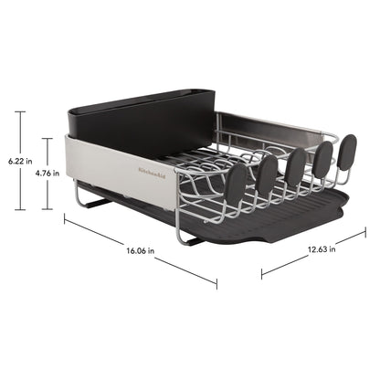KitchenAid Compact, Space Saving Rust Resistant Dish Rack with Removable Flatware Caddy and Angled Self Draining Drainboard, 16.06-Inch, Black