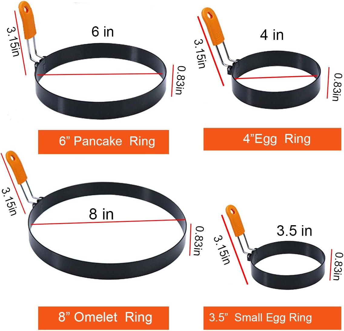 WOWITIS 8 Pack, 8" 6" 4" 3.5" Stainless Steel Egg Rings - Omelet, Pancake, & Egg Muffin Rings with Oil Brush