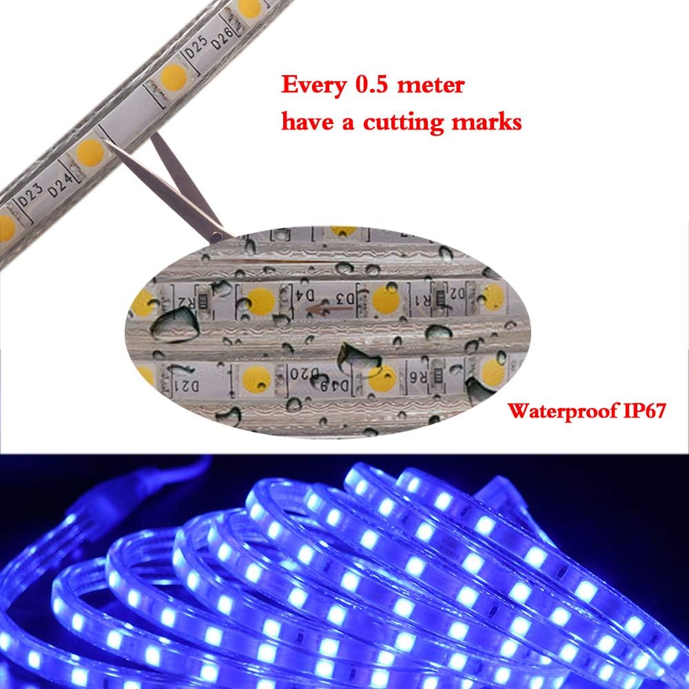XUNATA LED Strip Lights, 110V SMD 5050 Waterproof Flexible Rope Tape Light, 1m Cool White for Garden Decor