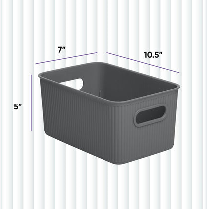 Superio Ribbed Collection Decorative Plastic Open Storage Bins, Medium Grey (2 Pack) for Organizing Closet and Shelves