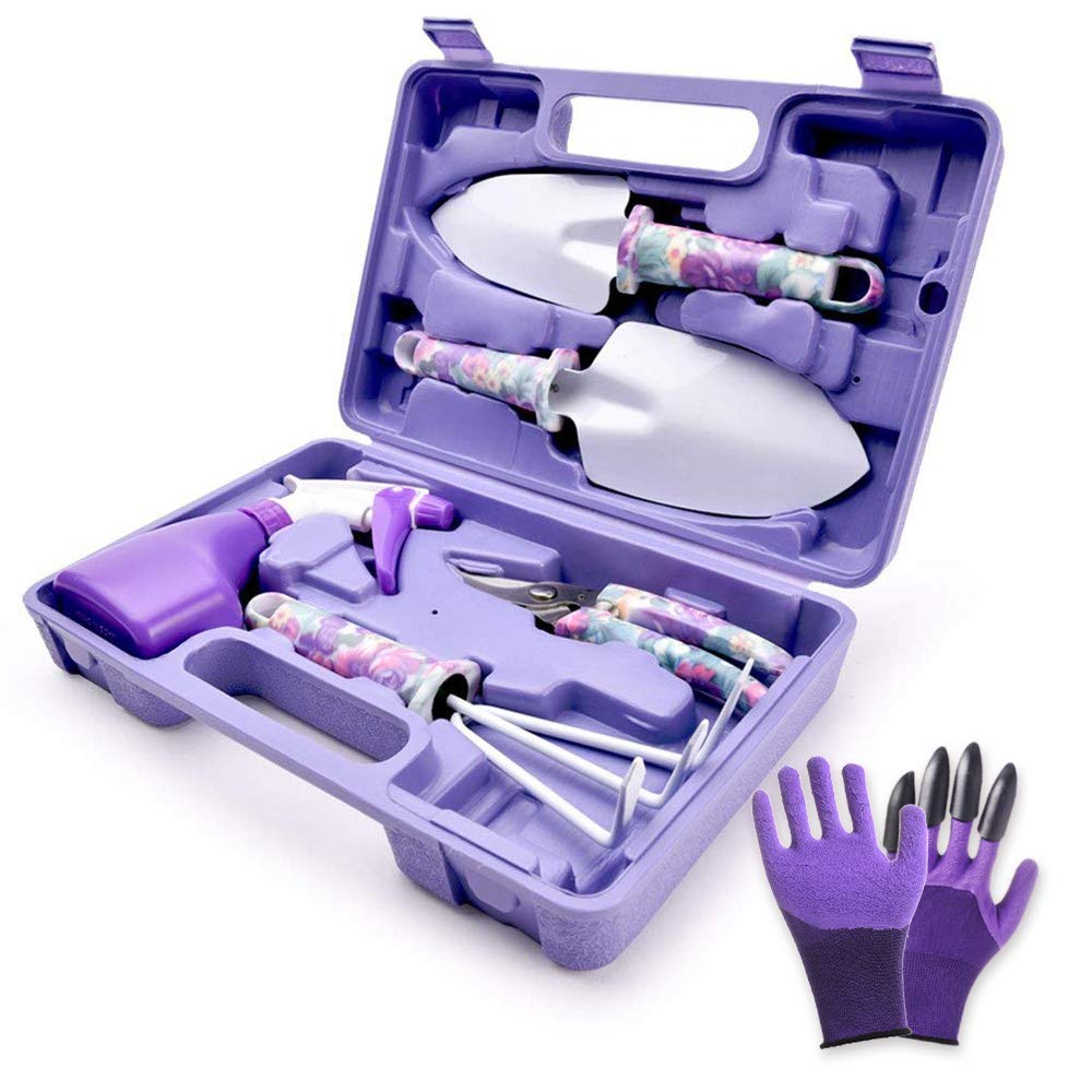 WISDOMLIFE 6 Pieces Garden Tools Set Planting Tools, Non-Slip Handle with Anti-Rust Trowel, Cultivator, Pruning Shear, Water Sprayer and Carrying Case, Gloves with Claws
