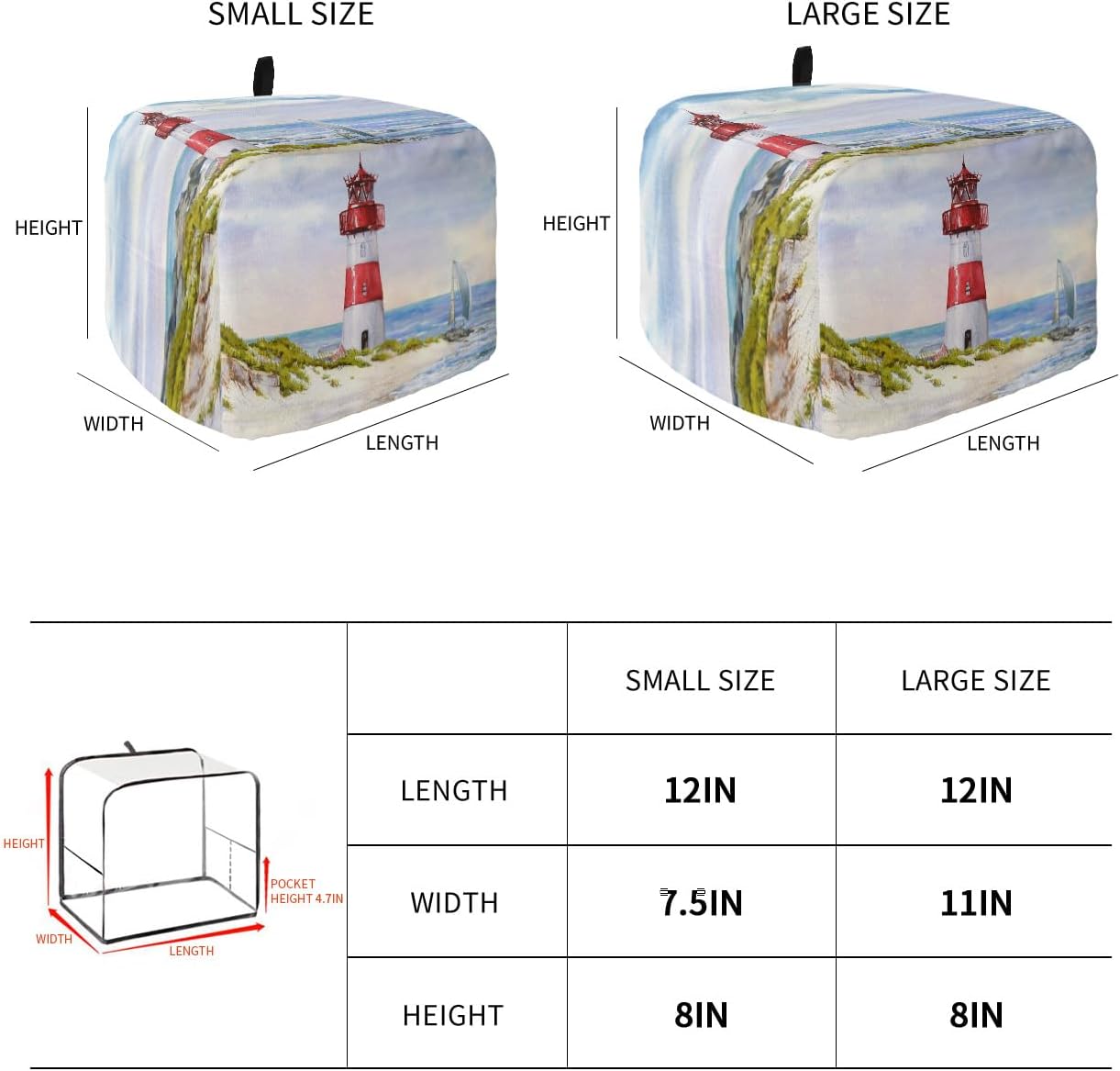 Toaster Cover, Coastal Lighthouse 2 Slice, Watercolor Blue Sky Sea Summer Beach with Loop, Polyester Dust Cover