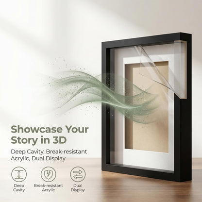 Black A4 Shadow Box Frame, 1.2 Inch Deep MDF Wood Shadow Box with Acrylic (Not Glass), Wall Mount & Tabletop Display Case for Dried Flowers, Medals, Memorial Keepsakes, Crafts