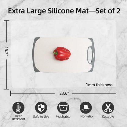 2 Pack Silicone Mats for Kitchen Counter, Treerit 23.62" x 15.75" Thick Large Silicone Mat, Nonskid Heat Resistant Countertop Protector, Easy to Clean, 1 Gray and 1 White Translucent