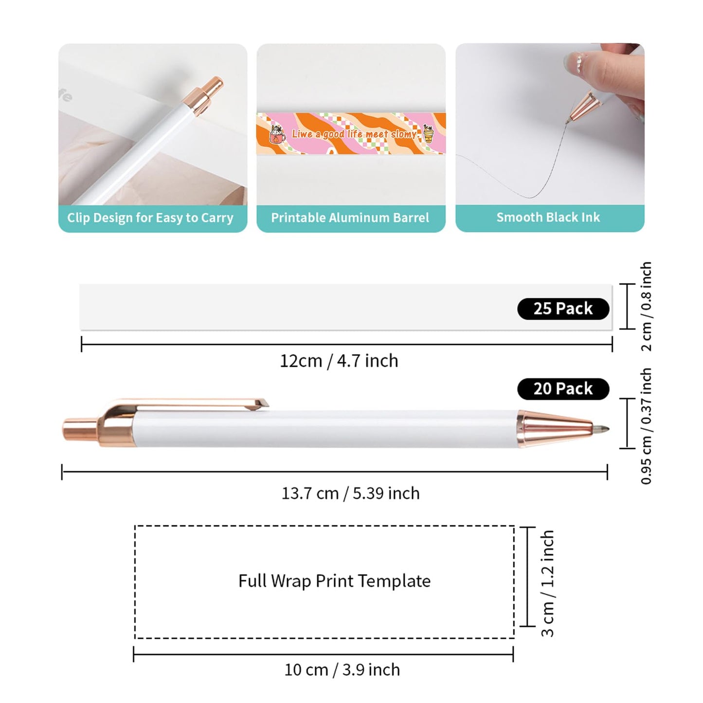 PYD Life 20 Pack Sublimation Pens Blanks White Aluminum Ballpoint Pens with Rose Gold Clip and Come with 25 Pieces Shrink Wrap Films,DIY Personalized Pen for Office School Stationery Supplies