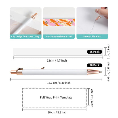 PYD Life 20 Pack Sublimation Pens Blanks White Aluminum Ballpoint Pens with Rose Gold Clip and Come with 25 Pieces Shrink Wrap Films,DIY Personalized Pen for Office School Stationery Supplies