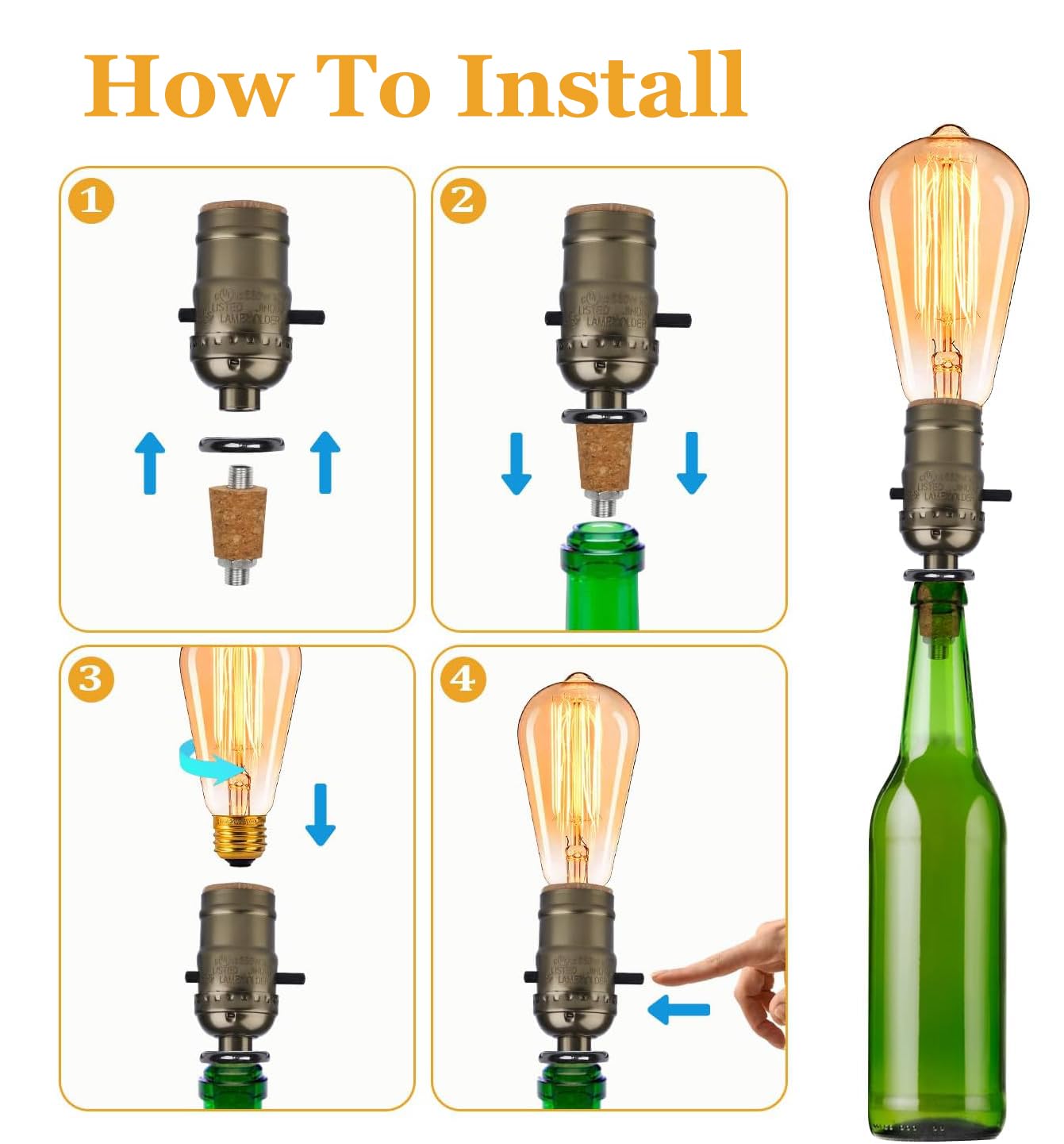 Aokpsrt Bottle Lamp Kit with 9mm Glass Drill bit DIY Lamp Kit for Liquor Bottles with Slip on Socket and 8 Feet Power Cord,No Drilling Required